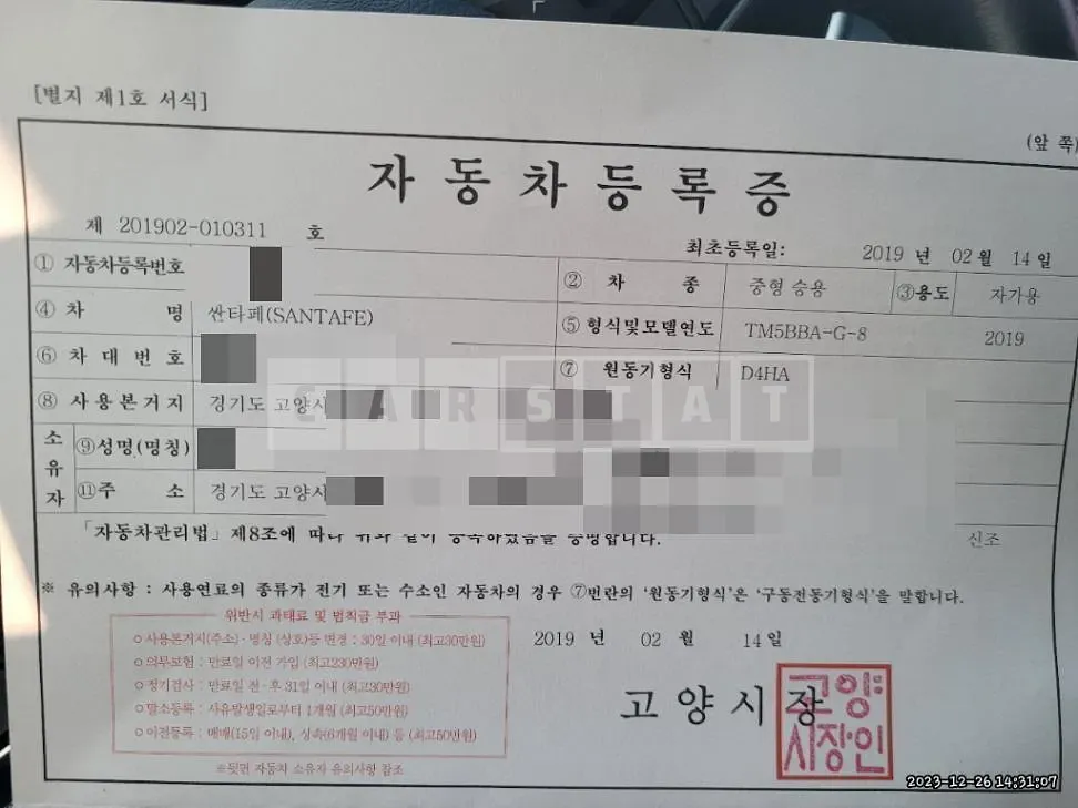 Photo 2 of 31: 2019 Hyundai Santa Fe TM 2.0, VIN KMHS281BBKU150802 — Korean insurance auction