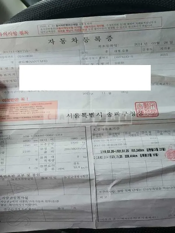 Photo 2 of 15: 2015 Hyundai Santa Fe, VIN KMHSU81XDFU318683 — Korean insurance auction